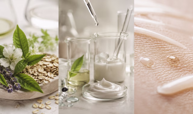 Natural skincare science concept showing botanical ingredients, formulation glassware and topical exposure on skin.