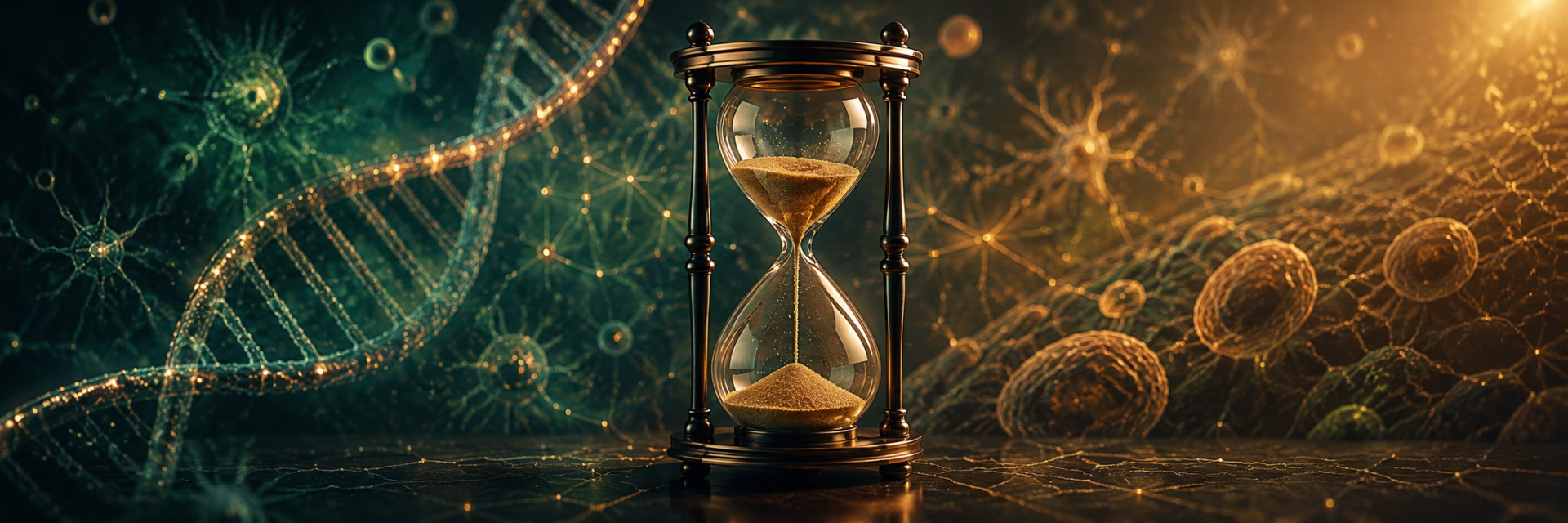 Hourglass in a biological aging scene with DNA and cellular structures, representing time, biological aging, and loss of resilience.