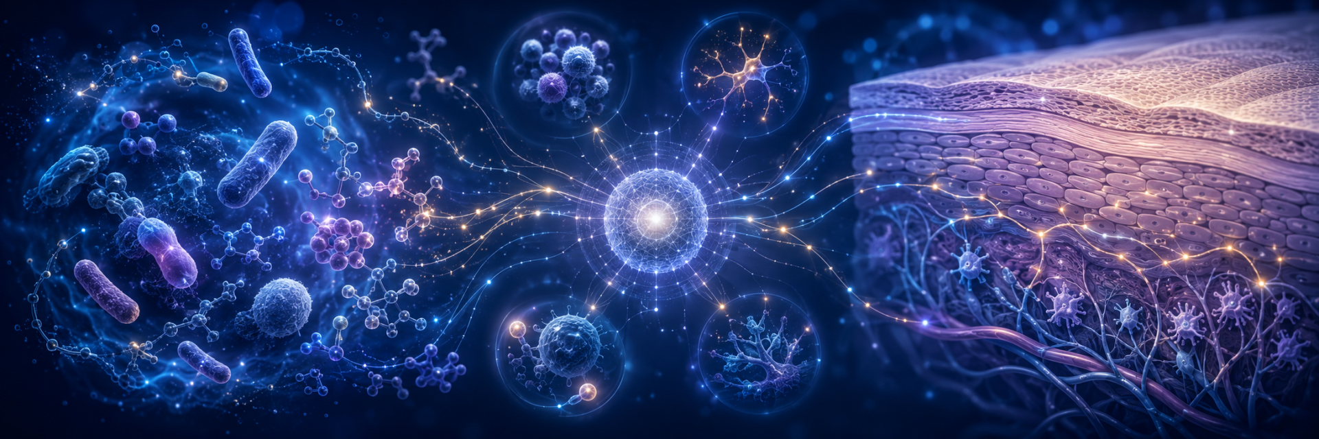 Editorial illustration of the gut-skin axis showing microbiome signals, immune communication and skin barrier reactivity.