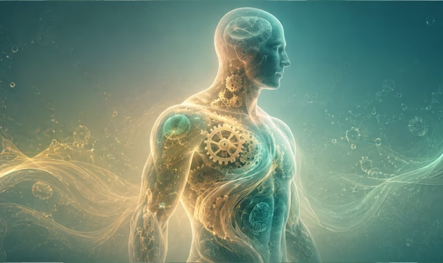 Abstract translucent human figure with subtle internal gears, mitochondria-like patterns and flowing energy signals representing metabolic flexibility and adaptive fuel switching.