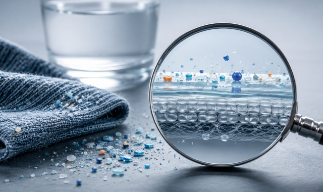 Microplastic-like particles shown near a magnified biological barrier, illustrating exposure biology and tissue context