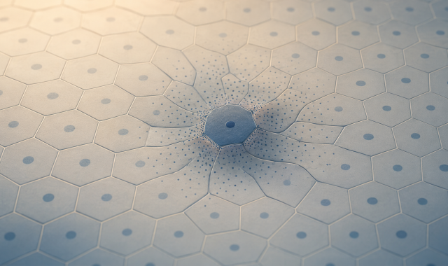 Abstract scientific illustration showing one altered cell disrupting the organization and signaling of surrounding tissue.
