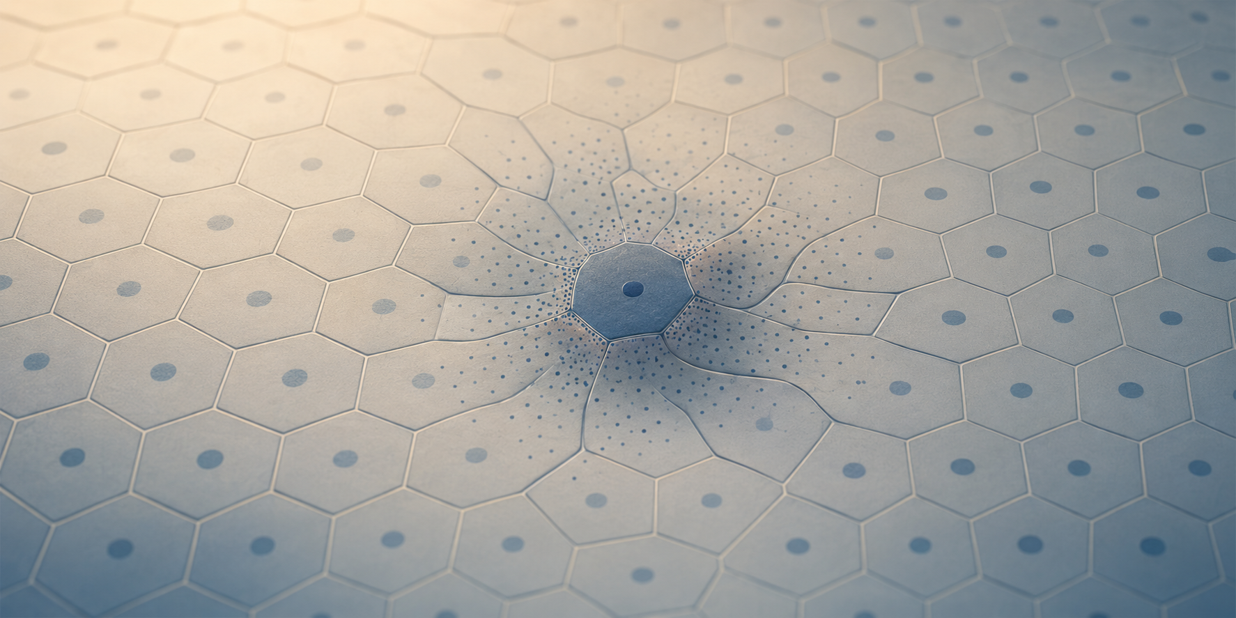 Abstract scientific illustration showing one altered cell disrupting the organization and signaling of surrounding tissue.