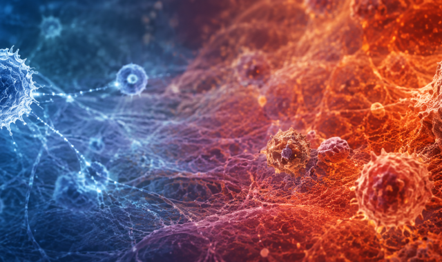 Abstract immune biology illustration showing a shift from coordinated immune signaling to a more diffuse inflammatory environment, representing inflammaging and loss of immune precision.