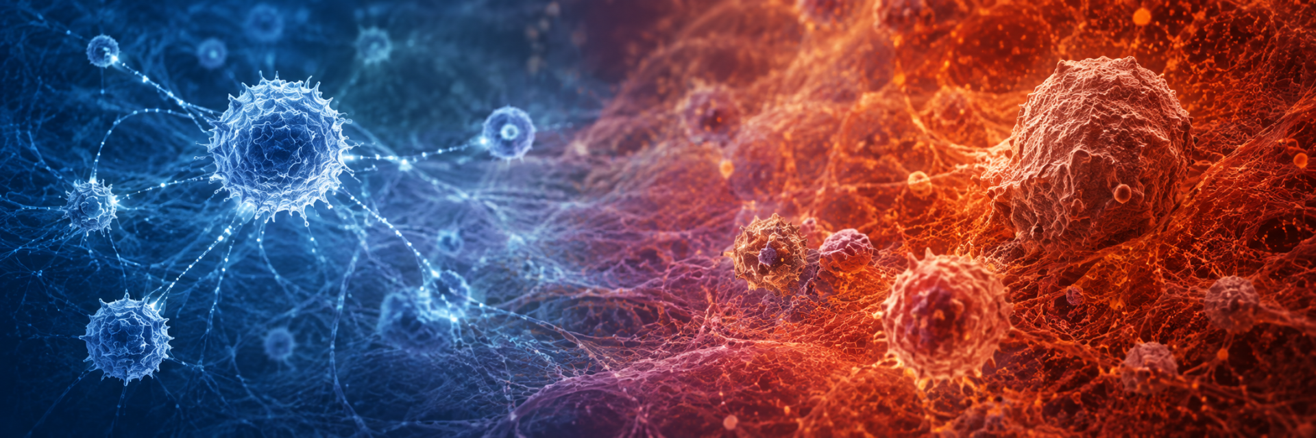 Abstract immune biology illustration showing a shift from coordinated immune signaling to a more diffuse inflammatory environment, representing inflammaging and loss of immune precision.