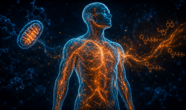 Illustration of mitochondrial energy pathways and ATP-related molecules distributed through the human body.