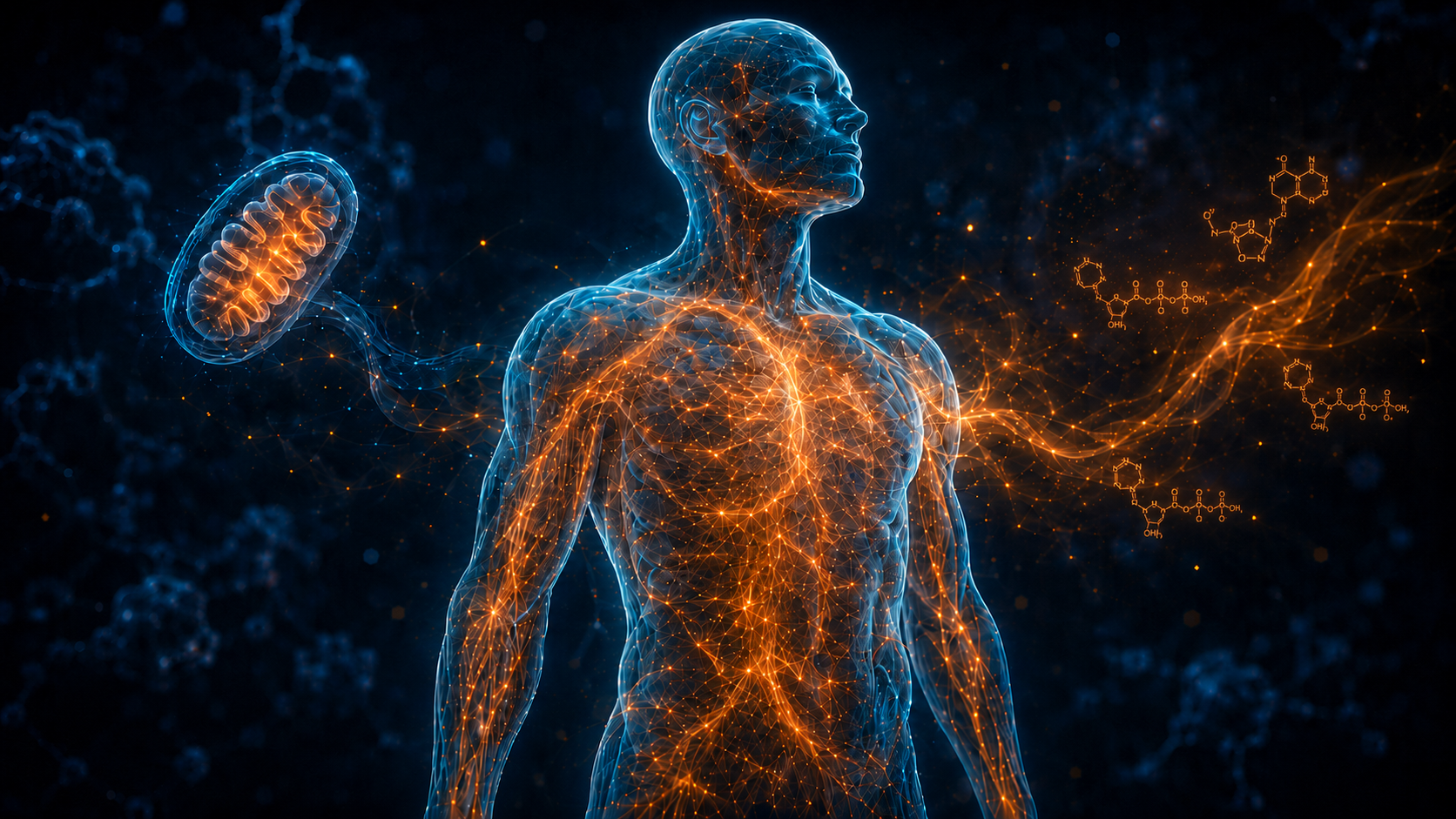 Illustration of mitochondrial energy pathways and ATP-related molecules distributed through the human body.