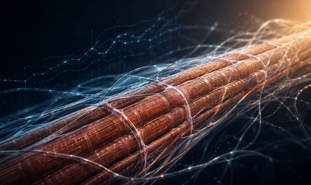 Illustration of skeletal muscle fibers with network-like signaling lines and data curves suggesting adaptation and functional capacity