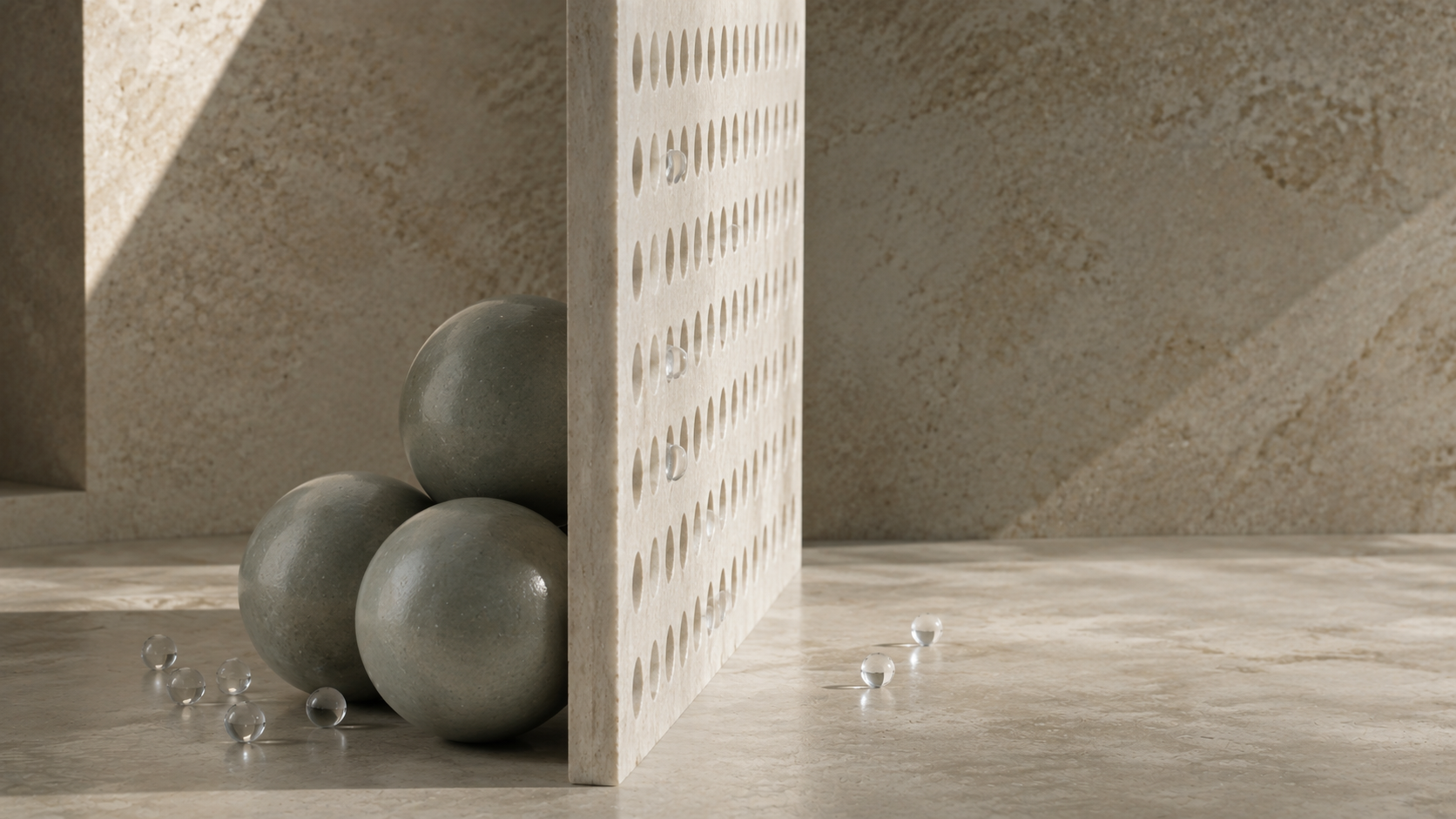 Perforated wall allowing small particles to pass while blocking larger spheres, illustrating selective intestinal permeability.