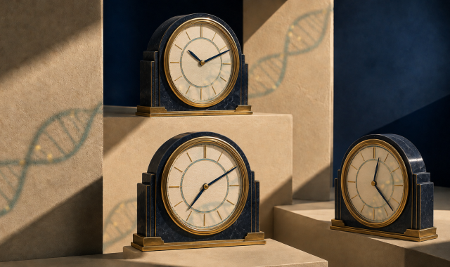 Three clocks showing different times beneath projected DNA strands, representing how biological age models interpret molecular signals differently.