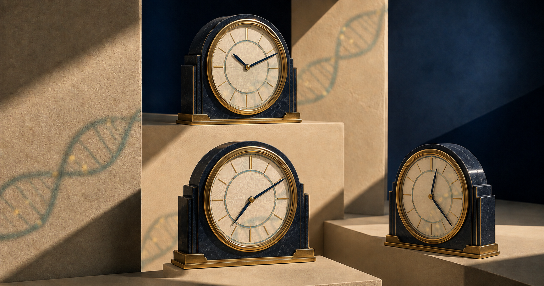 Three clocks showing different times beneath projected DNA strands, representing how biological age models interpret molecular signals differently.